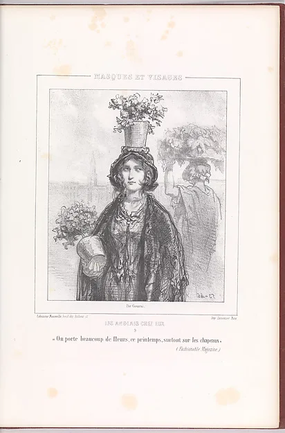 Paul Gavarni, "On porte beaucoup de fleurs, ce printemps, surtout sur les chapeaux", from Les Anglais Chez Eux, Masques et Visages, plate 9, bound in Oeuvres Nouvelles, vol. III