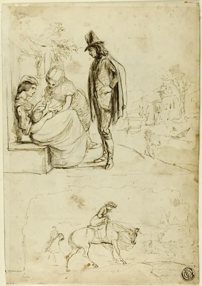 George du Maurier, Two Sketches: Two Women and Baby with Man Looking On
