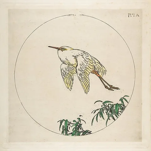 Félix Bracquemond, Decoration for a Plate: An Egret Flying Above Bamboo Branches