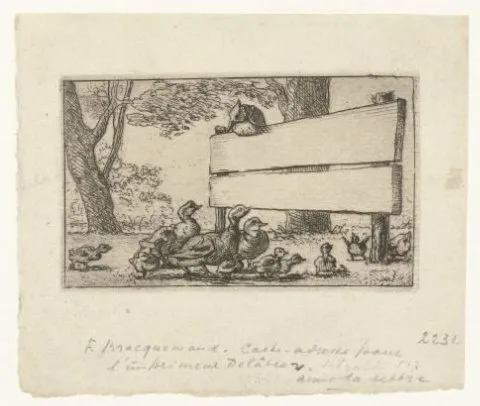 Félix Bracquemond, Adreskaart met eenden bij een houten hek voor de drukker Delâtre