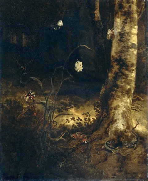 Otto Marseus van Schrieck, A forest floor with a snake, lizards, butterflies and other insects