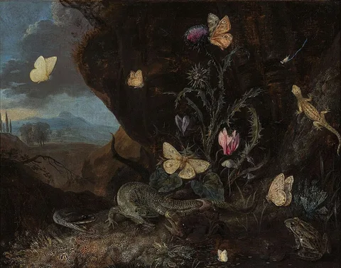Otto Marseus van Schrieck, Landschap with insects, cyclamen and thistle