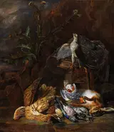 Pieter Boel, Hunting still life with wildfowl, a hare and a falcon