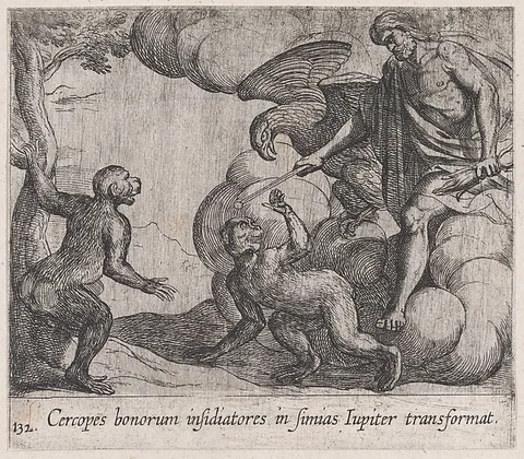 Antonio Tempesta, Plate 132: Jupiter Changing the Cercopians into Monkeys (Cercopes bonorum insidiatores in Simias Iupiter transformat), from Ovid's 'Metamorphoses'