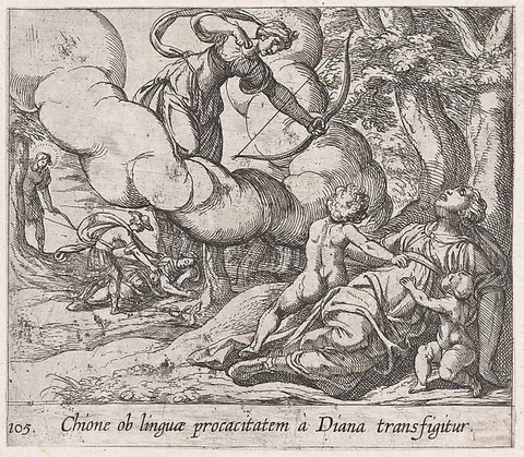 Antonio Tempesta, Plate 105: Diane Killing Chione (Chione ob linguae procacitatem a Diana transfigitur), from Ovid's 'Metamorphoses'