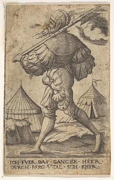 Virgil Solis, Halberdier walking left and carrying a halberd over his left shoulder, two tents beyond, from "Twelve soldiers of different ranks"