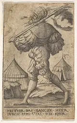 Virgil Solis, Halberdier walking left and carrying a halberd over his left shoulder, two tents beyond, from "Twelve soldiers of different ranks"
