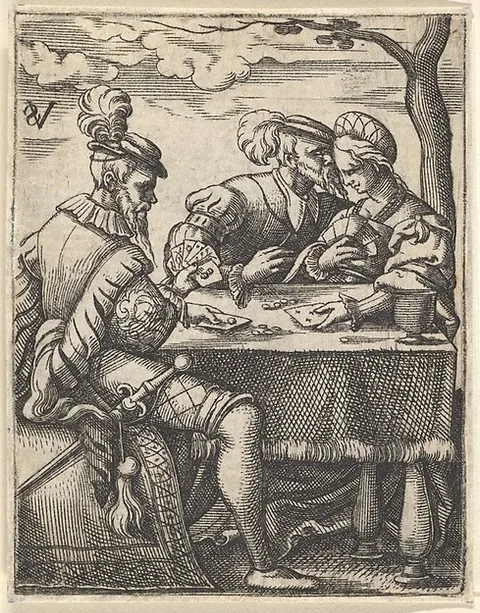 Virgil Solis, Two men and a woman playing cards at a table, one man pressing his nose toward the woman's forehead, from a series of ten scenes of musicians and couples dancing, drinking, playing music, and playing cards