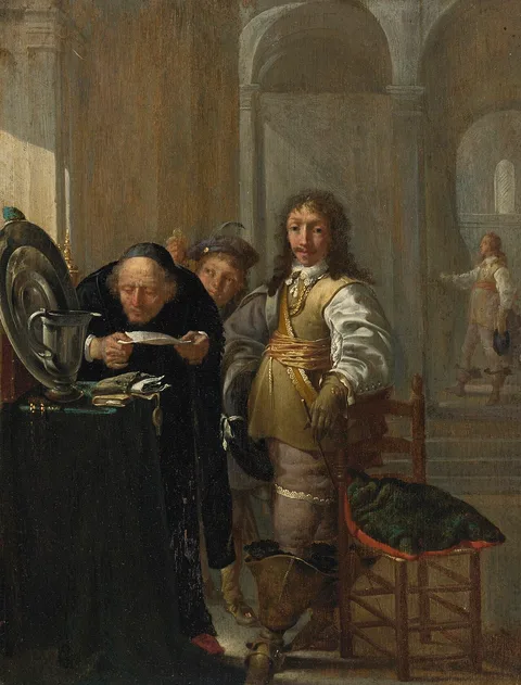 Jacob Duck, A cavalier selling his goods, with an old man reading a document and a young boy holding a coin