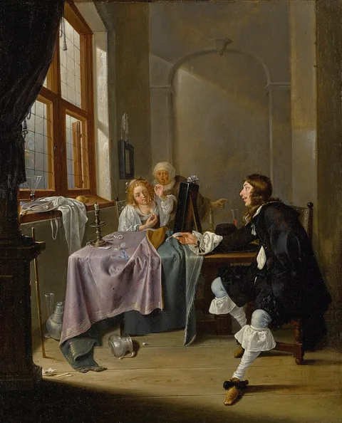 Jacob Duck, An interior with a gentleman presenting a snuff box to a seated lady stringing a pearl