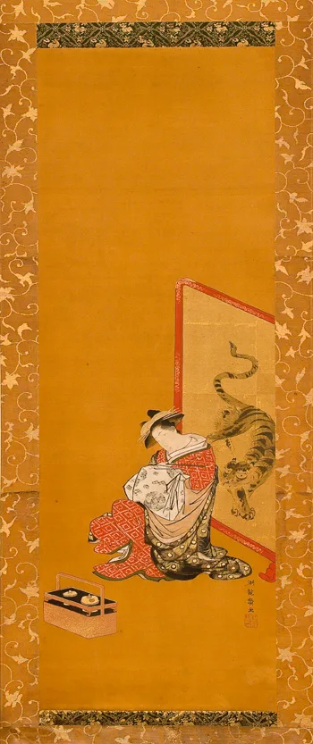 Isoda Koryūsai, Bijin in Front of a Tiger Screen