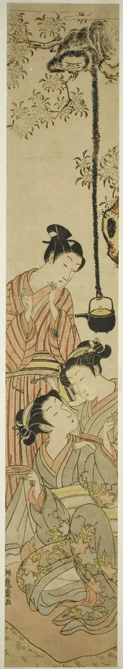 Isoda Koryūsai, Gibbon snatching sake pot from flower-viewing party
