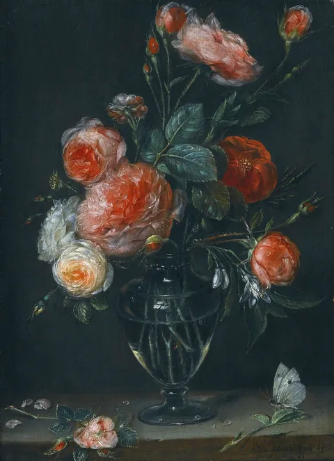 Alexander Adriaenssen, Still life of roses in a glass jar on a stone ledge with a butterfly