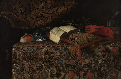 Giuseppe Recco, Still life with masks, books and musical instruments