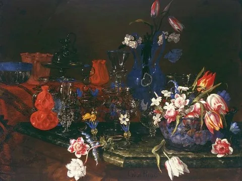 Giuseppe Recco, Still life with glass vessels.