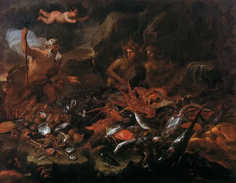 Giuseppe Recco, The riches of the sea with Neptune, tritons and two nereids