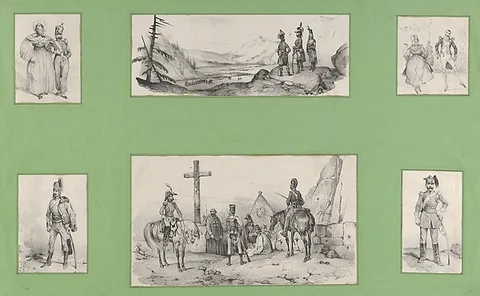 Victor Adam, Soldiers and Landscapes, (6 prints mounted onto a green album sheet)