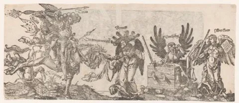 Peter Flötner, Allegorie met strijd van Tirannie, Woeker en Hypocrisie tegen Verstand, Gerechtigheid en het Woord Gods
