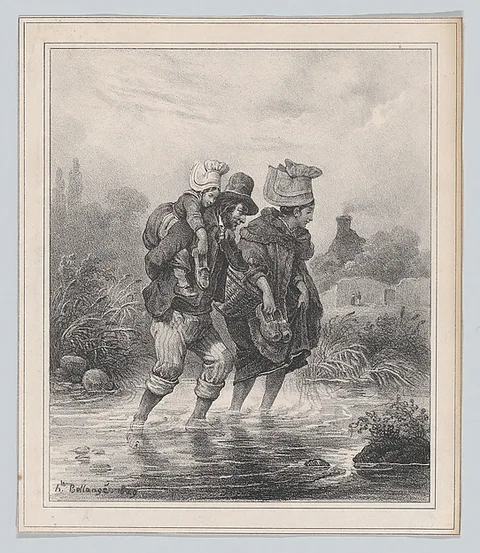 Hippolyte Bellangé, Man, Woman and Child Crossing a Stream