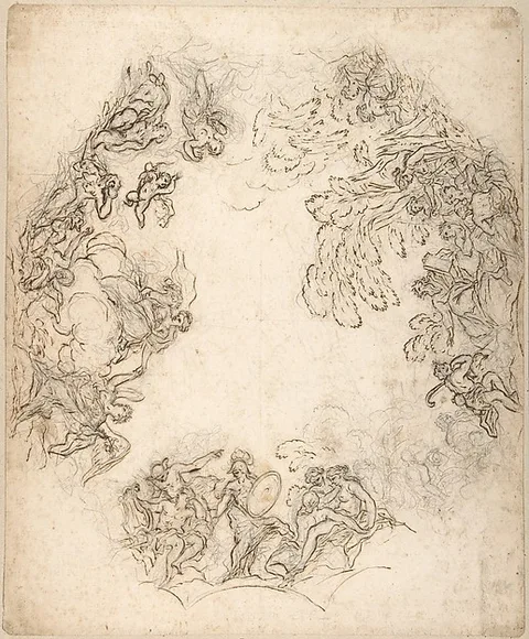 Anton Domenico Gabbiani, Design for a Ceiling Decoration: A Gathering of Mythological Figures (recto); Dancing Satyr and Two Seated Figures (verso)