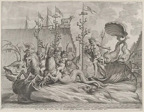 Pieter de Jode II, Plate 35: Philip of Spain as Neptune, riding in a chariot drawn by two sea horses; from Guillielmus Becanus's 'Serenissimi Principis Ferdinandi, Hispaniarum Infantis...'