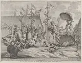 Pieter de Jode II, Plate 35: Philip of Spain as Neptune, riding in a chariot drawn by two sea horses; from Guillielmus Becanus's 'Serenissimi Principis Ferdinandi, Hispaniarum Infantis...'