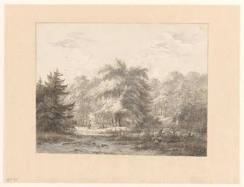 Jacob Abels, Landschap met rustende figuren onder bomen bij een water