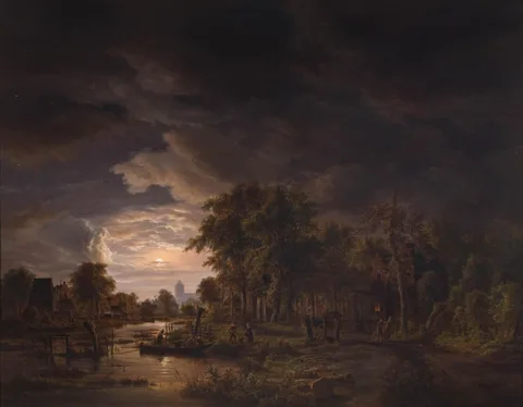 Jacob Abels, Moonlit Village by a River