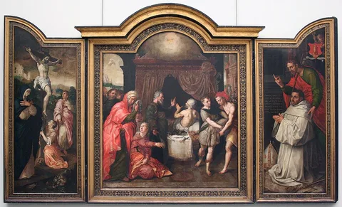 Jacob de Backer, The Crucifixion (left wing), The Prophecy of the Recovery of Hezekiah (central panel), Abbot Jacob Delrio with Patron Saint (right wing), The Raising of Lazarus (grisaille, back side of the outer wings)