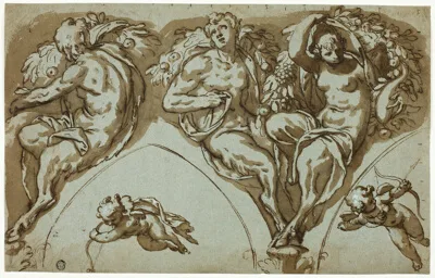 Paolo Farinati, Study for Spandrel Decoration with Satyress, Satyrs, and Putti (recto); Head of Putto (verso)