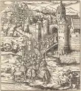 Leonhard Beck, Various Men Kneeling on a Bridge in front of a Town