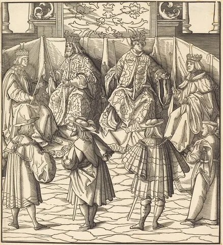 Leonhard Beck, Assembly of Four Kings, in the foreground Four Men