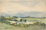 Antoine Chintreuil, Extensive landscape prospect with a fortified building on hill in the background (recto); Study of a landscape and a female figure (verso)