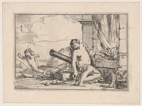 Giulio Carpioni, Fire, represented by Venus seated before Vulcan's forge, with armor, a cannon, and cannon balls surrounding her, she turns her head toward Cupid, who stretches his body away from her, from "The Elements"