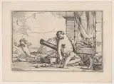 Giulio Carpioni, Fire, represented by Venus seated before Vulcan's forge, with armor, a cannon, and cannon balls surrounding her, she turns her head toward Cupid, who stretches his body away from her, from "The Elements"