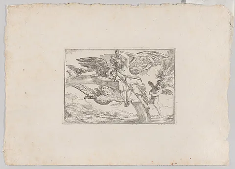 Giulio Carpioni, Air, represented by Iris reclining on her rainbow, accompanied by a winged putto bearing a torch and another winged putto riding an eagle, from "The Elements"