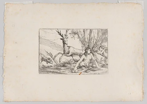 Giulio Carpioni, Earth, represented by Cybele seated at the base of a tree with fruits of the earth spread before her, a cupid with a torch approaches from the right, a stag and hound look toward Cybele from the left, from "The Elements"