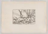 Giulio Carpioni, Earth, represented by Cybele seated at the base of a tree with fruits of the earth spread before her, a cupid with a torch approaches from the right, a stag and hound look toward Cybele from the left, from "The Elements"