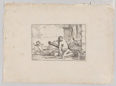 Giulio Carpioni, Fire, represented by Venus seated before Vulcan's forge, with armor, a cannon, and cannon balls surrounding her, she turns her head toward Cupid, who stretches his body away from her, from "The Elements"