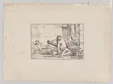 Giulio Carpioni, Fire, represented by Venus seated before Vulcan's forge, with armor, a cannon, and cannon balls surrounding her, she turns her head toward Cupid, who stretches his body away from her, from "The Elements"