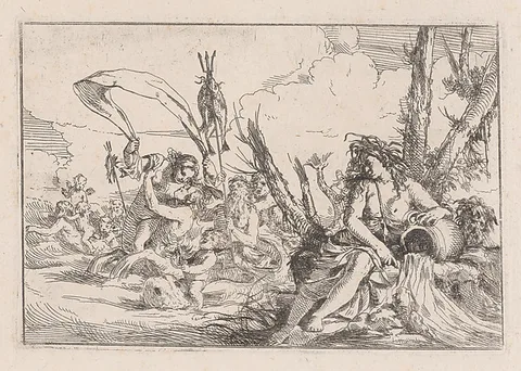 Giulio Carpioni, Water, represented by a naiad seated at the base of a tree and resting her arm on a supine urn from which water flows, behind her a triton and other inhabitants of the sea rise from the water surface, from "The Elements"