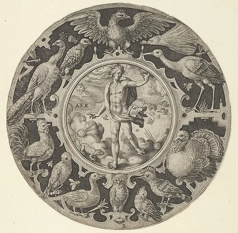 Crispijn van de Passe the Elder, 'Aer' in a Decorative Border with Birds, from a Series of Circular Designs with the Four Elements