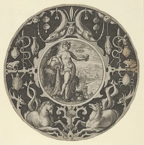 Crispijn van de Passe the Elder, 'Aqua' in a Decorative Border with Sea Creatures, from a Series of Circular Designs with the Four Elements