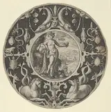 Crispijn van de Passe the Elder, 'Aqua' in a Decorative Border with Sea Creatures, from a Series of Circular Designs with the Four Elements