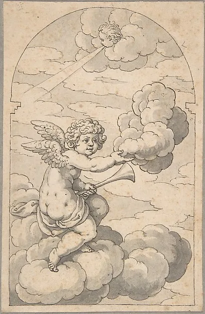 Crispijn van de Passe the Elder, Putto Holding a Cloud and Horn