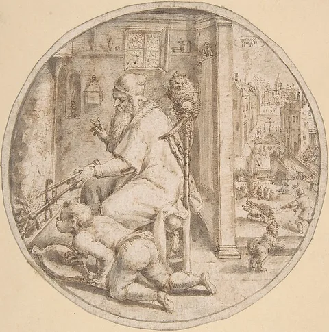Crispijn van de Passe the Elder, December: And Old Man Seated by a Hearth with a Young Man Blowing on the Fire