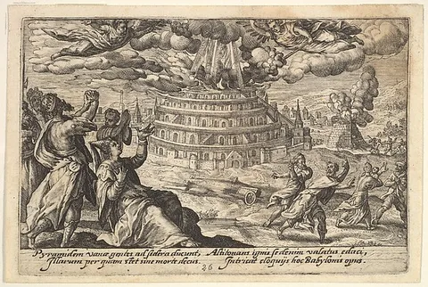Crispijn van de Passe the Elder, Destruction of the Tower of Babel: at right men and women flee from the burning tower, at left men and women raise their hands toward two flying angels, from "Liber Genesis"