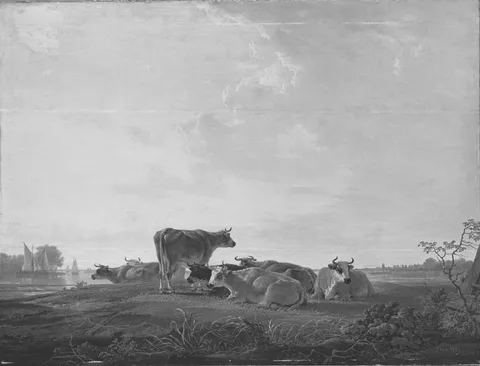 Jacob van Strij, Cattle resting on a bank
