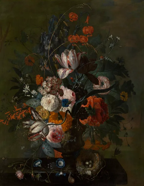 Jacob van Huysum, Still Life of flowers in a terracotta vase on a stone plinth