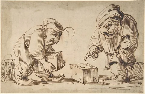 Faustino Bocchi, Two Dwarfs Playing Dice, a Dog at Left (recto); Study of a Leg (verso)